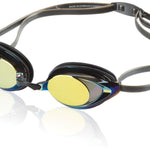 Speedo Vanquisher 2.0 Mirrored Swim Goggle - A pair of mirrored swim goggles with a sleek black frame and yellow lenses.