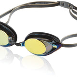 Speedo Vanquisher 2.0 Mirrored Swim Goggle - A pair of mirrored swim goggles with a sleek black frame and yellow lenses.