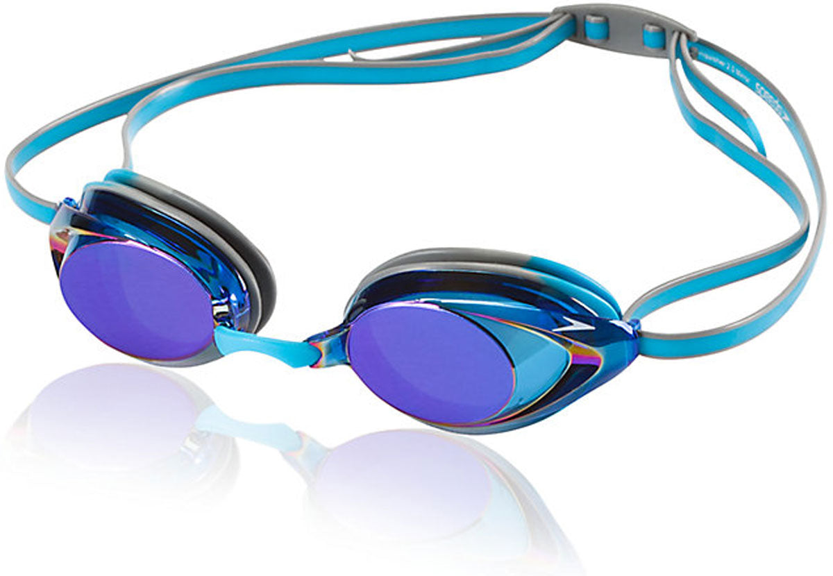 Speedo Vanquisher 2.0 Mirrored Swim Goggle - A pair of mirrored swim goggles with a sleek, modern design and a strap that wraps around the head.