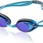 Speedo Vanquisher 2.0 Mirrored Swim Goggle - A pair of mirrored swim goggles with a sleek, modern design and a strap that wraps around the head.