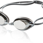 Speedo Vanquisher 2.0 Mirrored Swim Goggle - A pair of mirrored swim goggles with a sleek, modern design and a strap that wraps around the head.