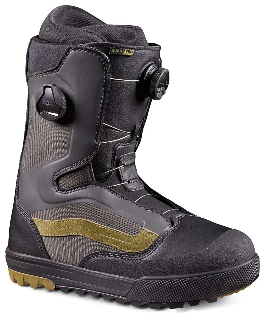 Vans Aura Pro Snowboard Boots 2023 - Black snowboard boots with a textured pattern on the side and a gold logo on the tongue.