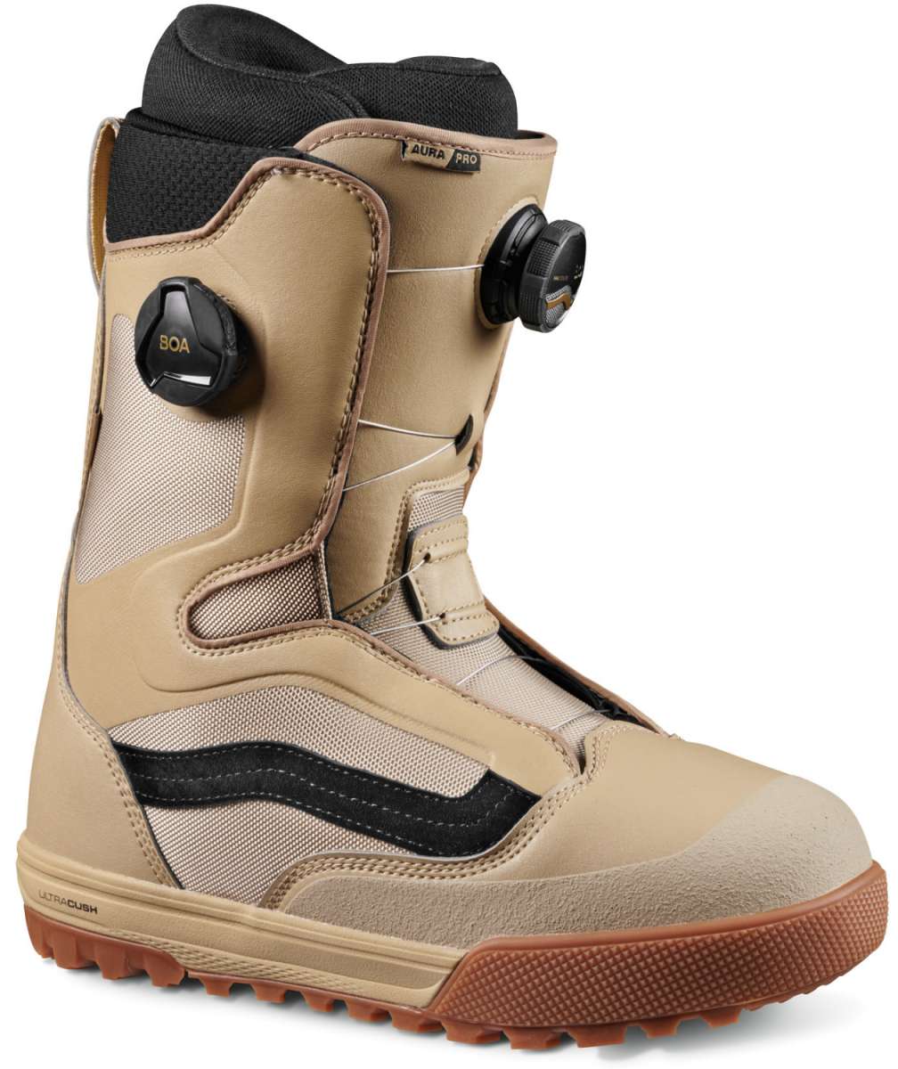 Vans Aura Pro Snowboard Boots 2023 - Beige snowboard boots with black accents and a tan sole.
