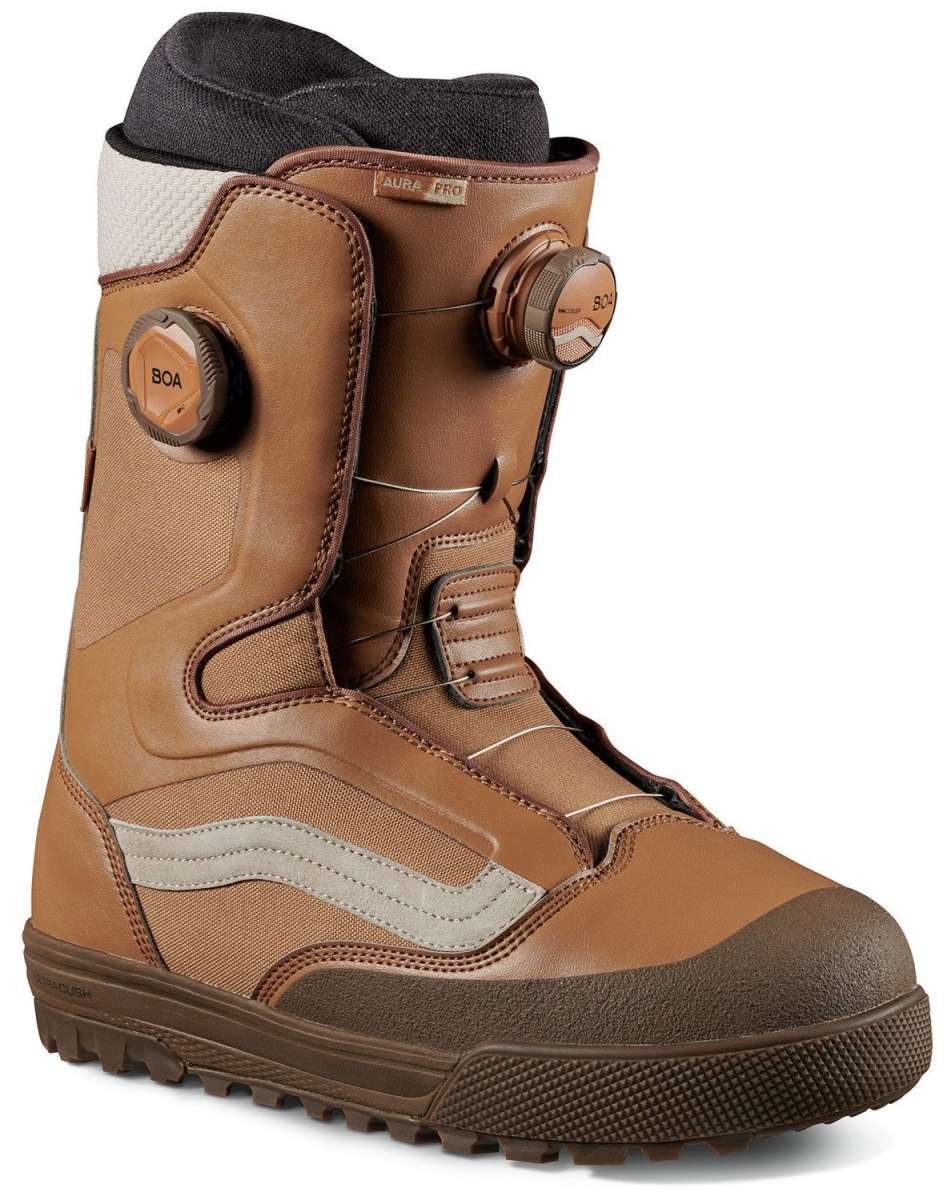 Vans Aura Pro Snowboard Boot 2024 - Brown snowboard boots with a textured rubber toe cap and laces.