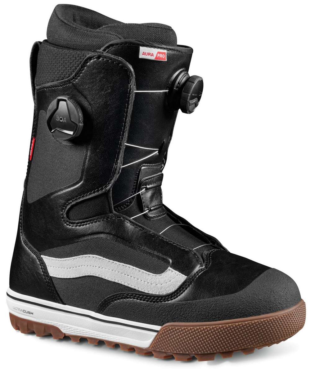 Vans Aura Pro Snowboard Boot 2024 - Black snowboard boots with white accents and a brown sole.