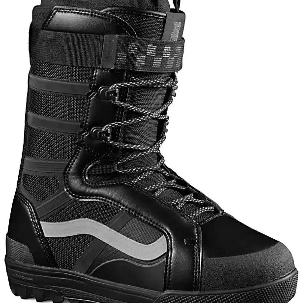Vans Hi-Standard Cole Navin Snowboard Boots 2023 - Black snowboard boots with a white logo on the side and black laces.