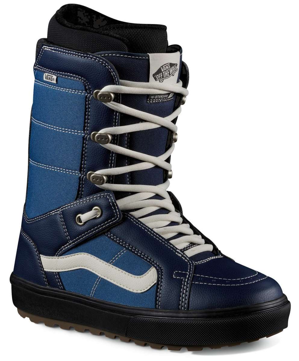 Vans Hi-Standard OG Snowboard Boot 2024 - A navy blue snowboard boot with a white logo on the side and silver laces.