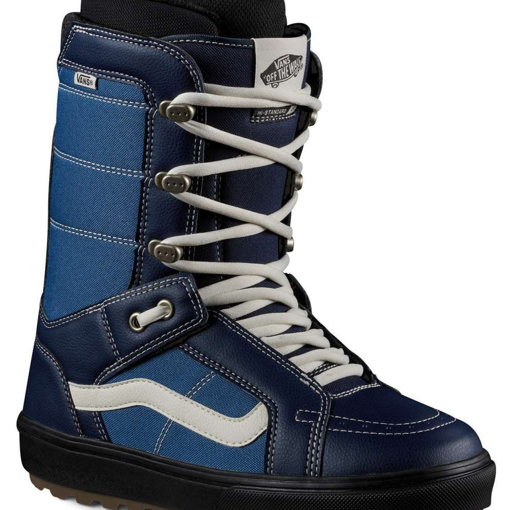 Vans Hi-Standard OG Snowboard Boot 2024 - A navy blue snowboard boot with a white logo on the side and silver laces.