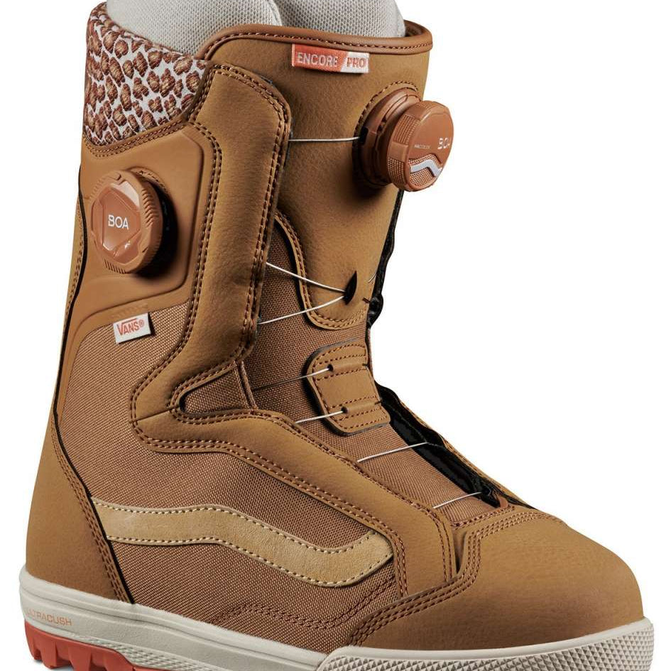 Vans Women's Encore Pro Snowboard Boot 2024 - A tan snowboard boot with a leopard print pattern on the ankle area and brown laces.