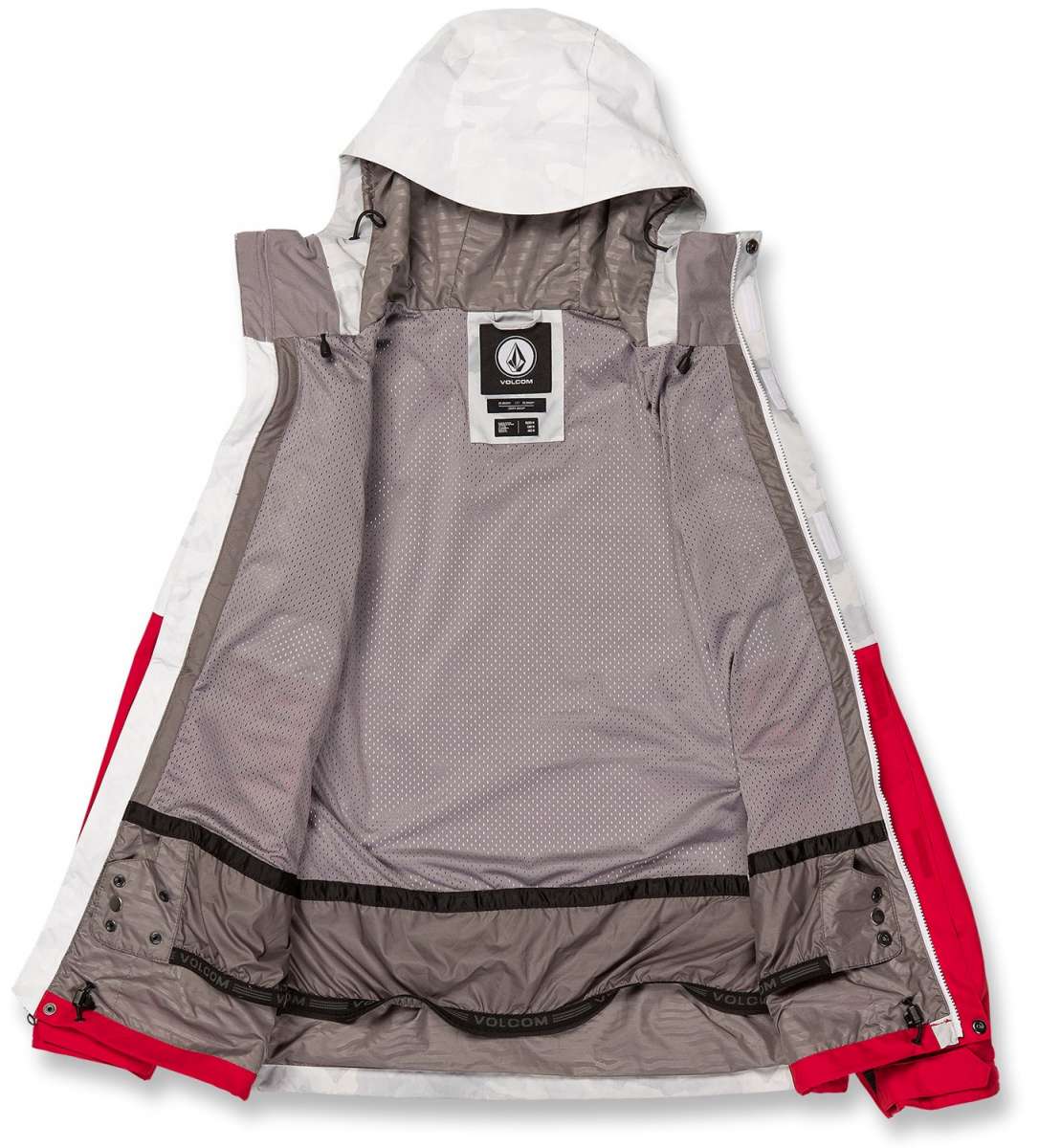 Volcom V.Co Op Shell Jacket 2024 - A white jacket with a hood, featuring red accents on the sleeves and a black zipper.