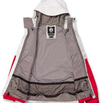 Volcom V.Co Op Shell Jacket 2024 - A white jacket with a hood, featuring red accents on the sleeves and a black zipper.