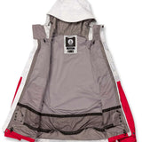 Volcom V.Co Op Shell Jacket 2024 - A white jacket with a hood, featuring red accents on the sleeves and a black zipper.