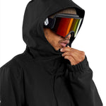 Volcom V.Co Op Shell Jacket 2024 - A black jacket with a hood, featuring a white logo on the left chest and a zippered pocket on the right side.