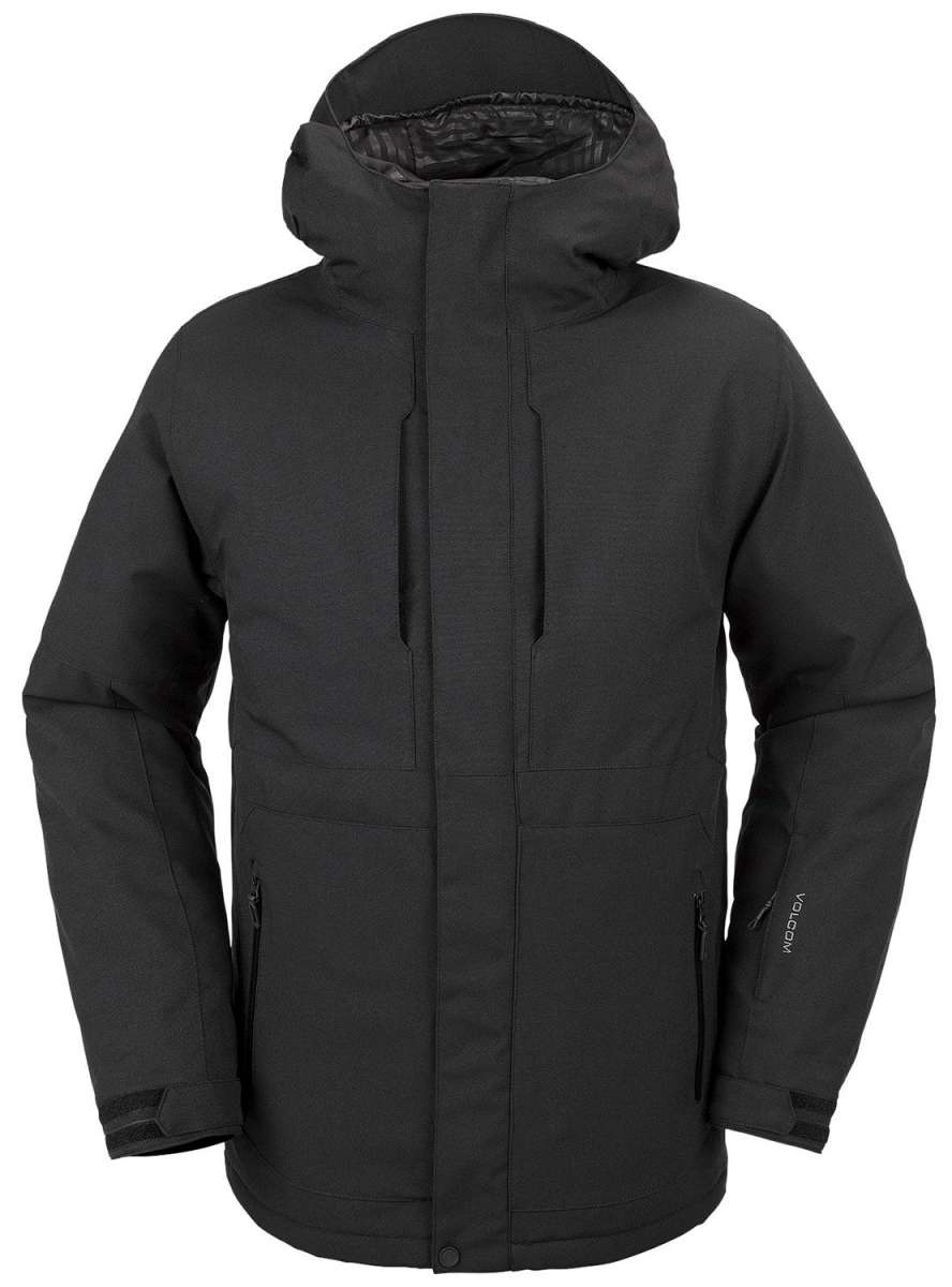 Volcom V.Co Op Shell Jacket 2024 - A black jacket with a hood, featuring a subtle pattern on the interior lining.