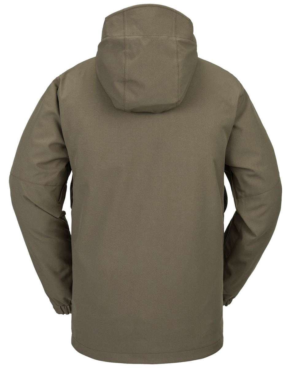 Volcom V.Co Op Shell Jacket 2024 - A khaki green jacket with a hood, featuring a zippered front and two side pockets.