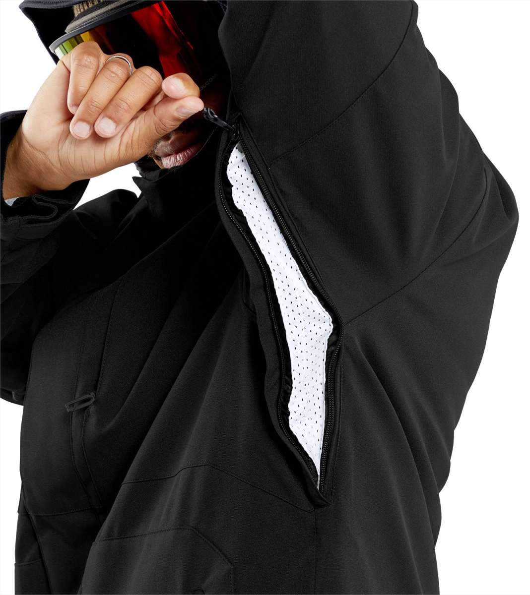 Volcom V.Co Op Shell Jacket 2024 - A black jacket with a white logo on the left chest and a zippered pocket on the right side.