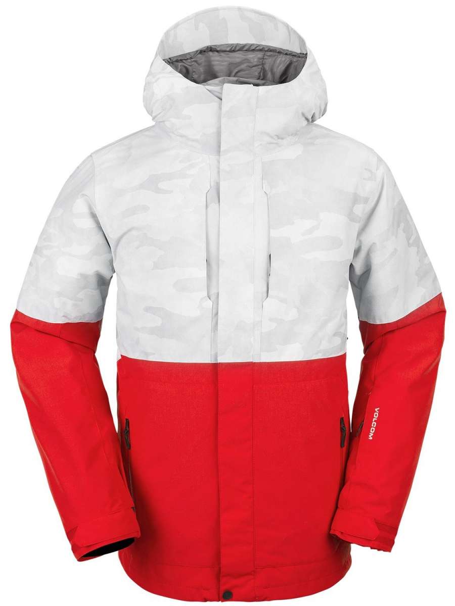 Volcom V.Co Op Shell Jacket 2024 - A white and red jacket with a camouflage pattern on the upper portion, featuring a hood.