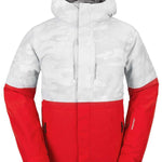 Volcom V.Co Op Shell Jacket 2024 - A white and red jacket with a camouflage pattern on the upper portion, featuring a hood.