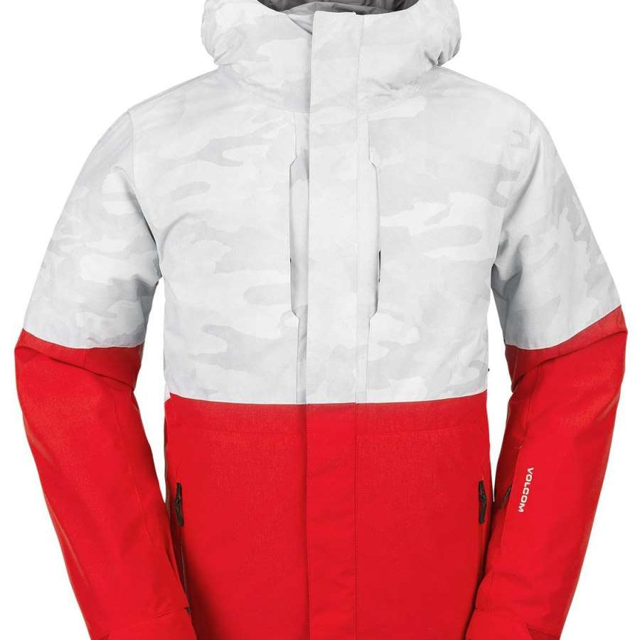 Volcom V.Co Op Shell Jacket 2024 - A white and red jacket with a camouflage pattern on the upper portion, featuring a hood.