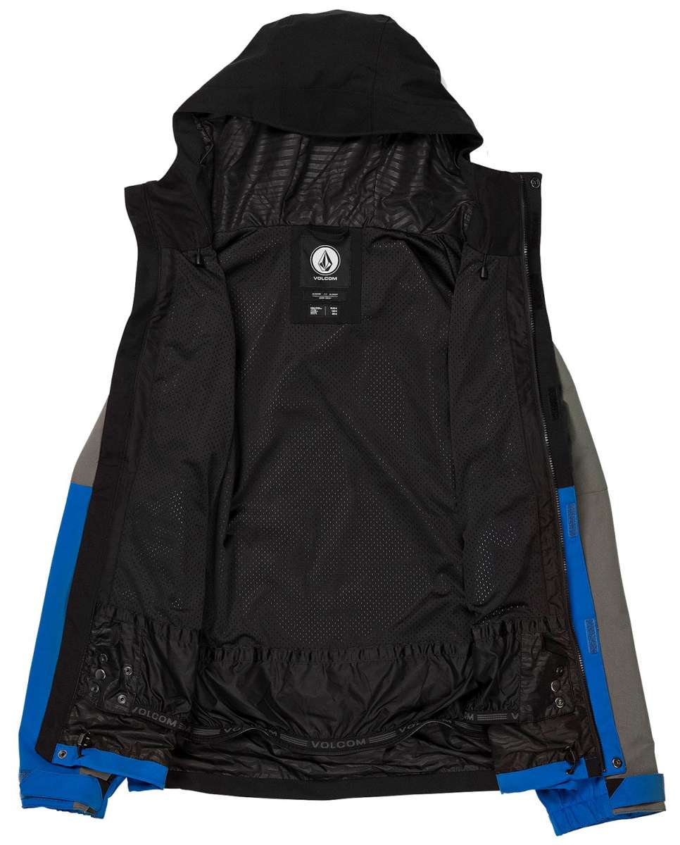 Volcom V.Co Op Shell Jacket 2024 - A black jacket with a hood, featuring a white logo on the chest and blue accents along the sides.