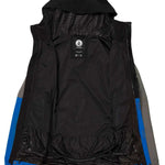 Volcom V.Co Op Shell Jacket 2024 - A black jacket with a hood, featuring a white logo on the chest and blue accents along the sides.