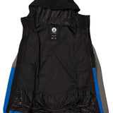 Volcom V.Co Op Shell Jacket 2024 - A black jacket with a hood, featuring a white logo on the chest and blue accents along the sides.