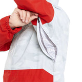 Volcom V.Co Op Shell Jacket 2024 - A white jacket with a subtle grey camouflage pattern and red accents on the sleeves, hood, and bottom hem.