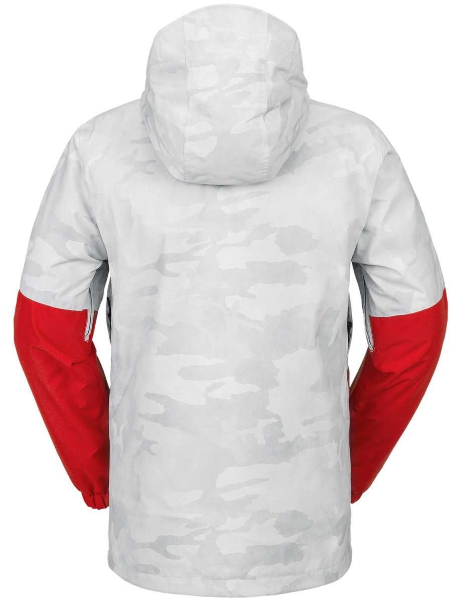 Volcom V.Co Op Shell Jacket 2024 - A white jacket with a subtle grey camouflage pattern and red accents on the sleeves.