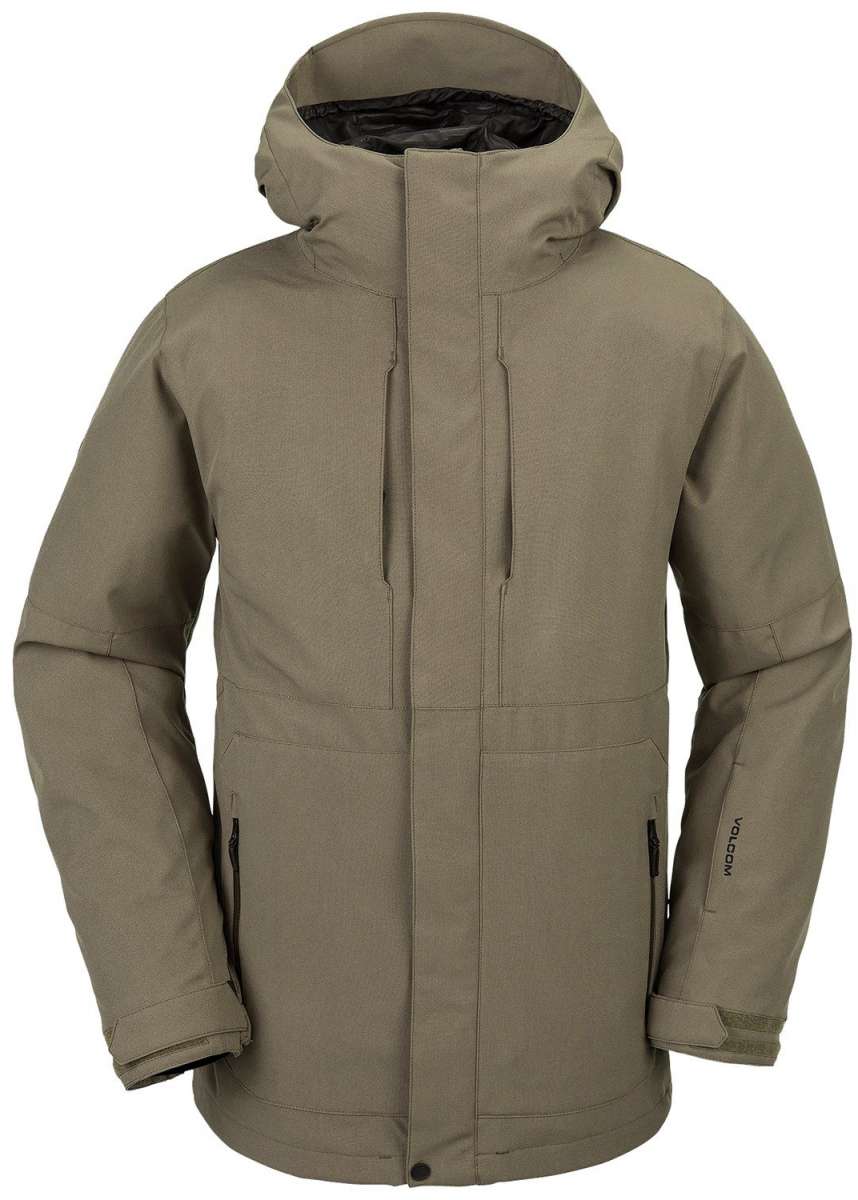 Volcom V.Co Op Shell Jacket 2024 - A tan-colored jacket with a hood, featuring two zippered pockets on either side and a black zipper down the front.