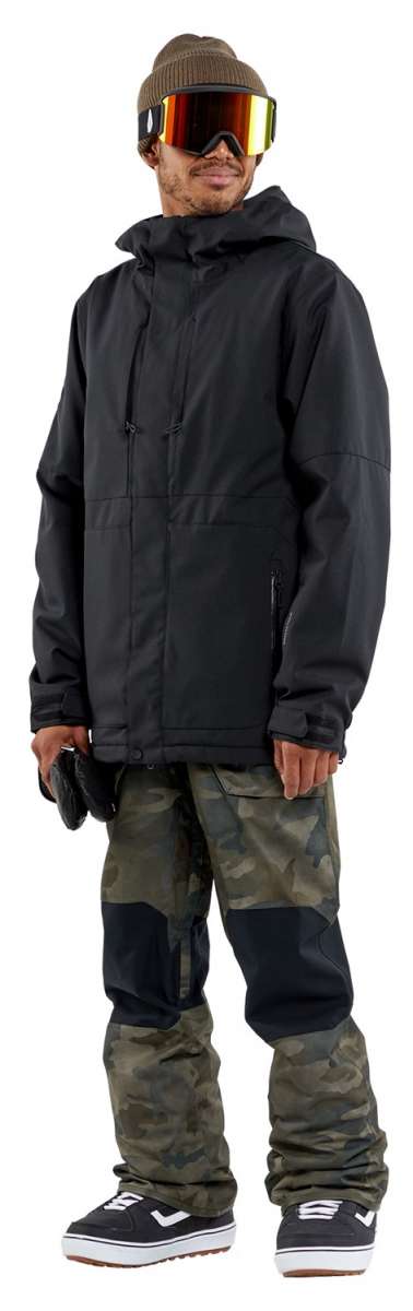 Volcom V.Co Op Shell Jacket 2024 - A black jacket with a hood, featuring a zippered front and two pockets on either side.