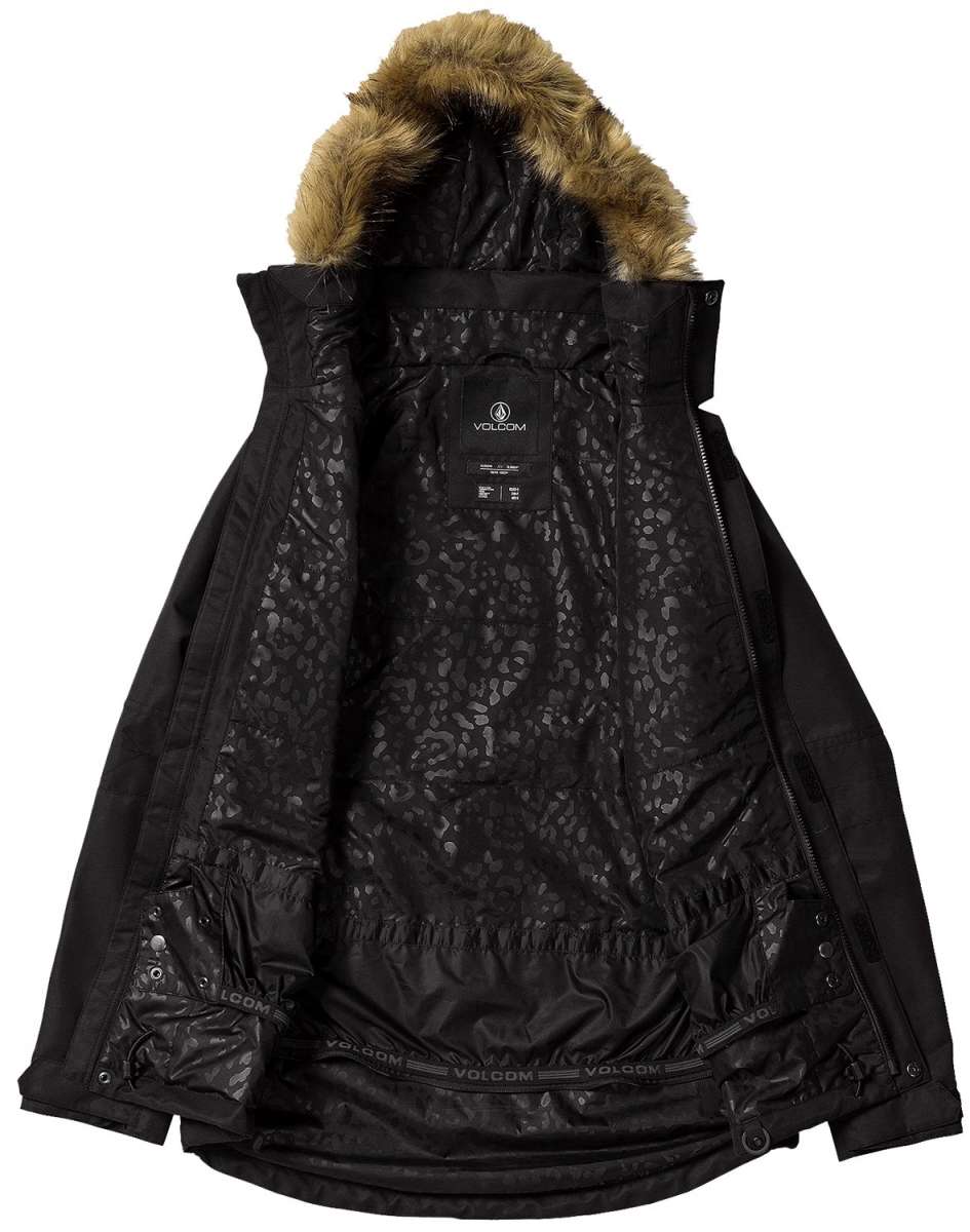 Volcom Women's Fawn Insulated Jacket - A black insulated jacket with a leopard print lining and brown faux fur trim on the hood.