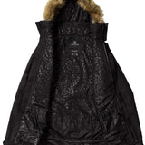 Volcom Women's Fawn Insulated Jacket - A black insulated jacket with a leopard print lining and brown faux fur trim on the hood.