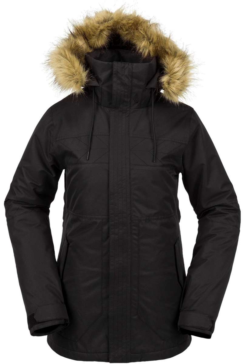 Volcom Women's Fawn Insulated Jacket - A black insulated jacket with a fur-lined hood and two zippered pockets on either side of the waist.
