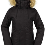Volcom Women's Fawn Insulated Jacket - A black insulated jacket with a fur-lined hood and two zippered pockets on either side of the waist.