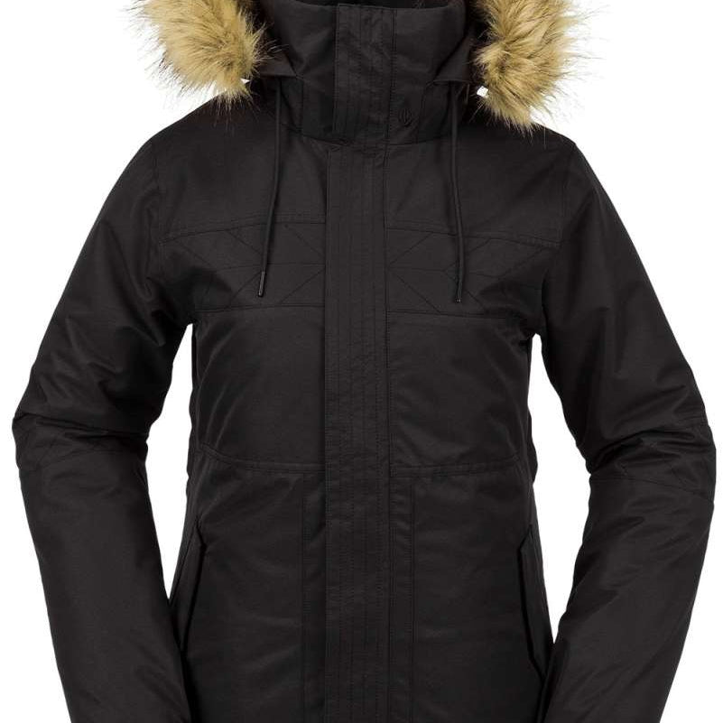 Volcom Women's Fawn Insulated Jacket - A black insulated jacket with a fur-lined hood and two zippered pockets on either side of the waist.