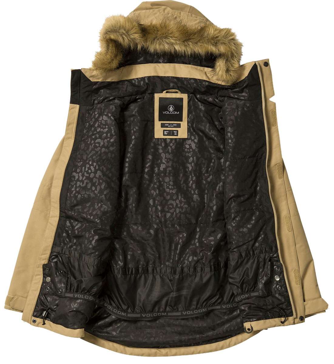 Volcom Women's Fawn Insulated Jacket - A tan-colored jacket with a fur-lined hood, featuring a zippered front and two side pockets.