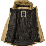 Volcom Women's Fawn Insulated Jacket - A tan-colored jacket with a fur-lined hood, featuring a zippered front and two side pockets.