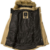 Volcom Women's Fawn Insulated Jacket - A tan-colored jacket with a fur-lined hood, featuring a zippered front and two side pockets.