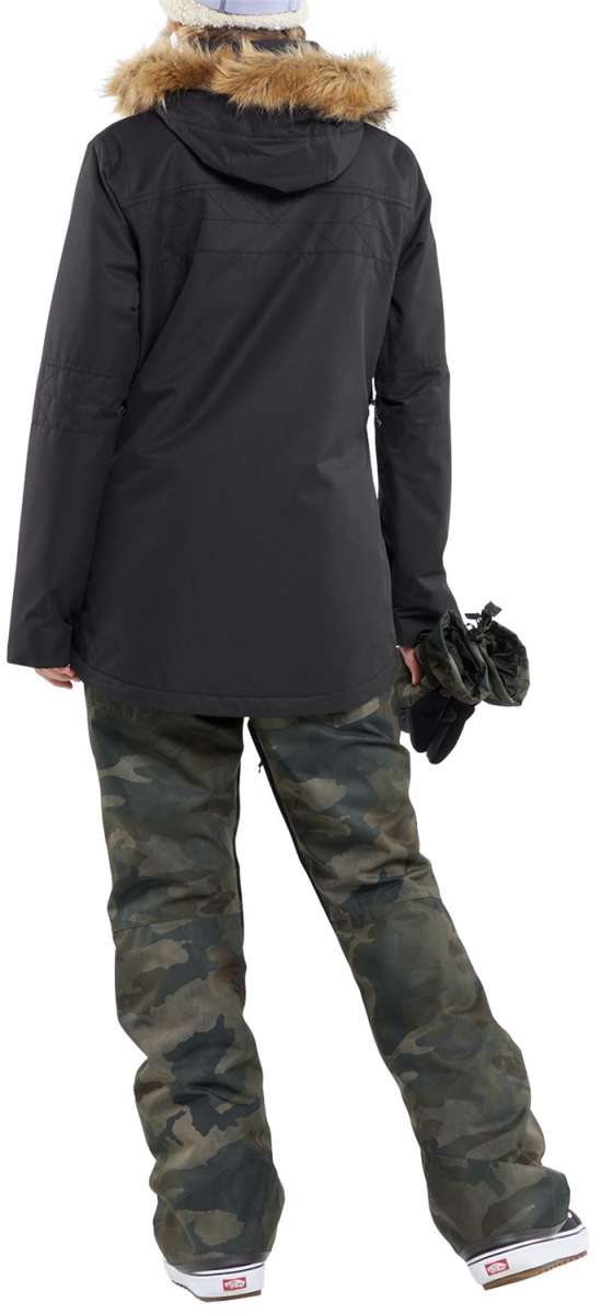 Volcom Women's Fawn Insulated Jacket - A black jacket with a fur-lined hood and zippered pockets.