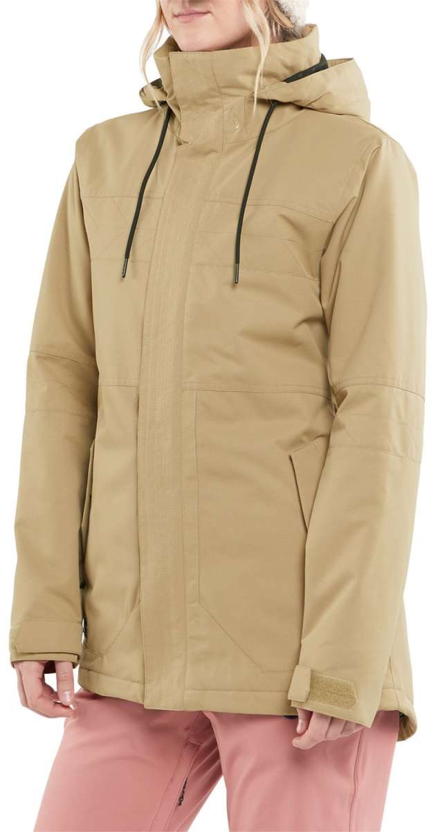 Volcom Women's Fawn Insulated Jacket - A tan-colored jacket with a high collar and zippered pockets, featuring a subtle pattern on the fabric.