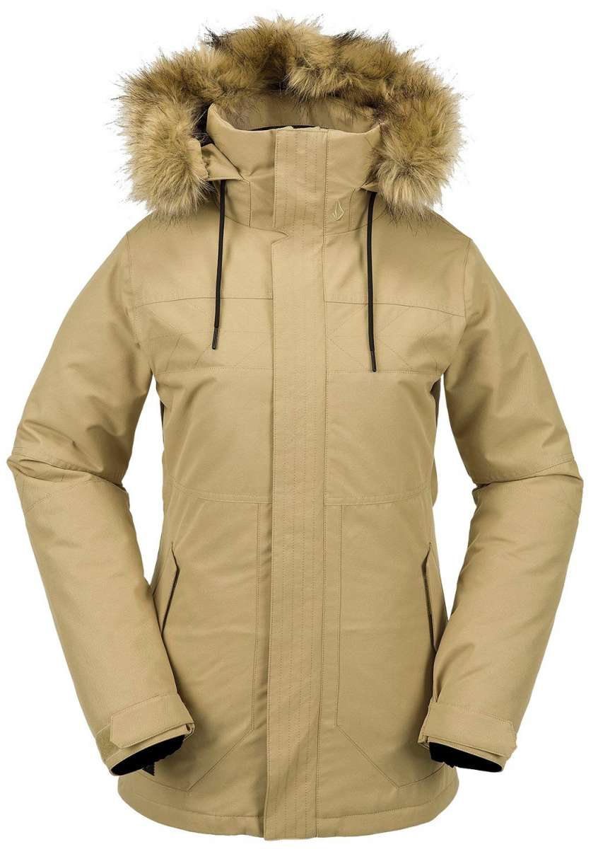 Volcom Women's Fawn Insulated Jacket - A tan-colored jacket with a fur-lined hood, featuring a zippered front and two side pockets.