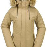 Volcom Women's Fawn Insulated Jacket - A tan-colored jacket with a fur-lined hood, featuring a zippered front and two side pockets.