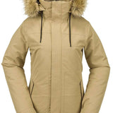 Volcom Women's Fawn Insulated Jacket - A tan-colored jacket with a fur-lined hood, featuring a zippered front and two side pockets.