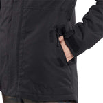 Volcom Women's Fawn Insulated Jacket - A black insulated jacket with a zippered chest pocket and two side pockets, featuring a hood and adjustable cuffs.