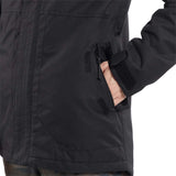 Volcom Women's Fawn Insulated Jacket - A black insulated jacket with a zippered chest pocket and two side pockets, featuring a hood and adjustable cuffs.