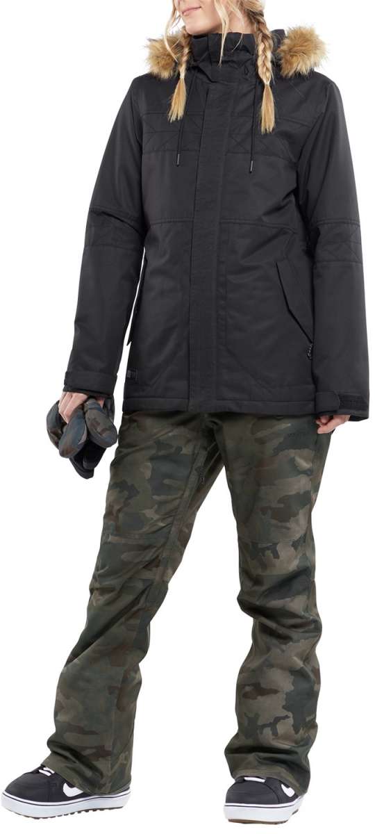 Volcom Women's Fawn Insulated Jacket - A black jacket with a fur-lined hood and quilted pattern on the chest.