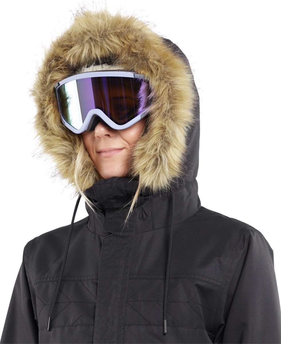 Volcom Women's Fawn Insulated Jacket - A black jacket with a fur-lined hood and quilted pattern on chest.