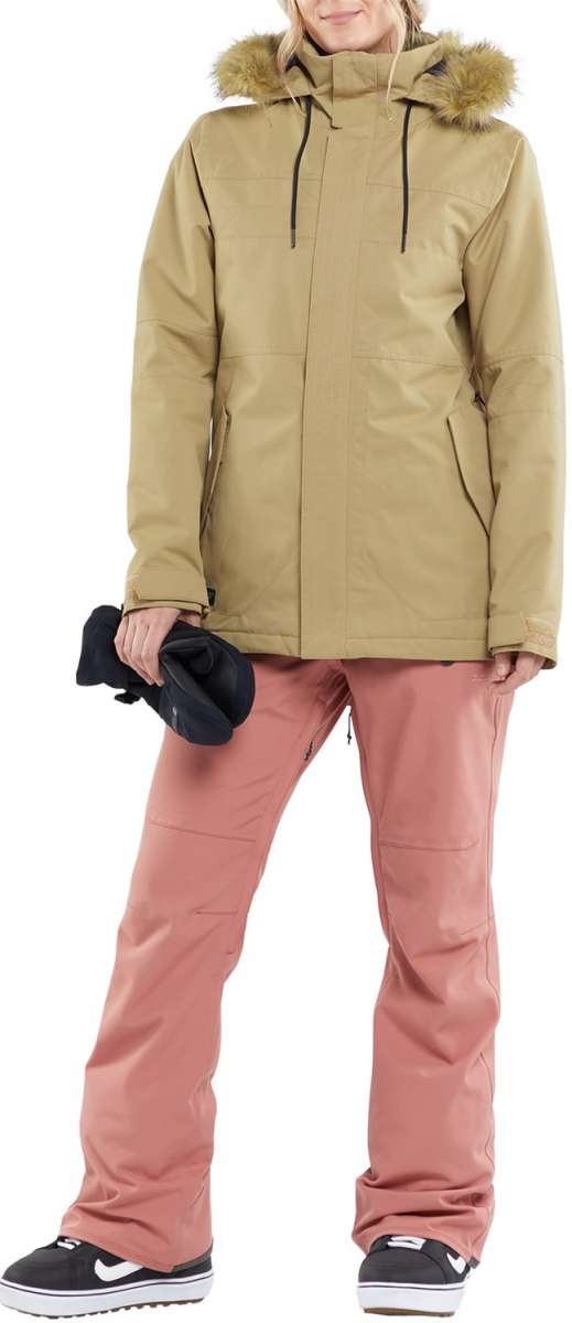 Volcom Women's Fawn Insulated Jacket - A tan jacket with a fur-lined hood and black drawstrings.
