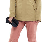 Volcom Women's Fawn Insulated Jacket - A tan jacket with a fur-lined hood and black drawstrings.