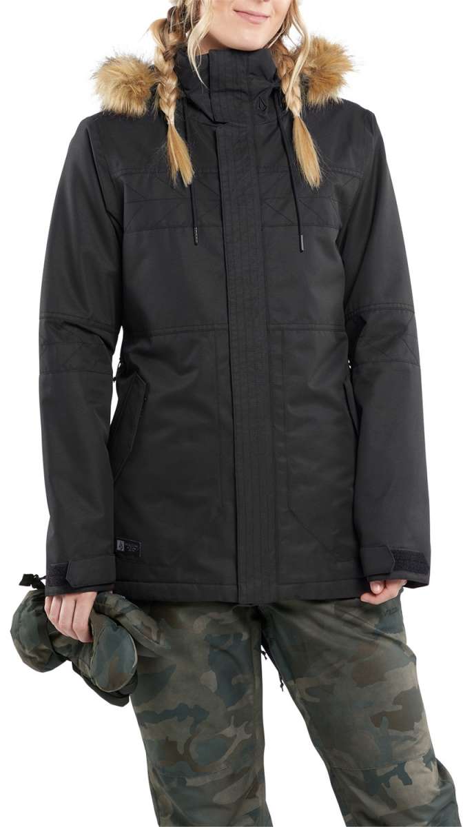 Volcom Women's Fawn Insulated Jacket - A black insulated jacket with a fur-lined hood and quilted pattern on the chest.